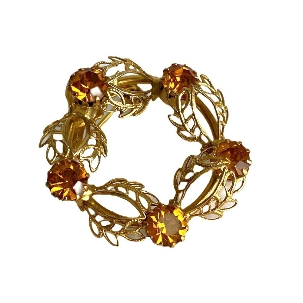 Vintage Wreath Brooch Amber Rhinestone Gold‎ Tone Dainty Feminine